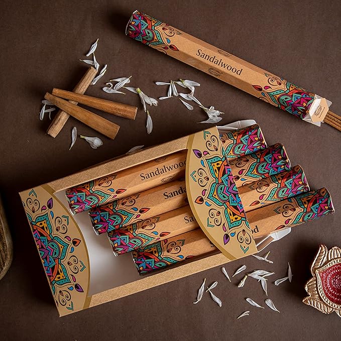 Raajsee Sandalwood Incense Sticks 15 Sticks x 5 Pack -100% Pure Insense Organic Natural- Hand Rolled Free from Chemicals - insent Stick Perfect for Church Aromatherapy, Stress Relief, Meditation