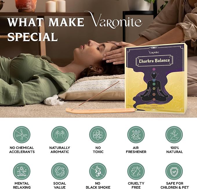 Incense Sticks - Charka Balance Incense Stick Variety Pack of 6 (120 Insence-Sticks) with Holder: Sandalwood, Bergamot, Jasmine, Lavender, Rose, Vanilla – 7 Chakras Inscents-Stick