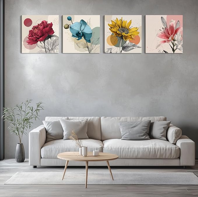 Framed Botanical Wall Art for Living Room Rustic Boho Floral Canvas Paintings Prints Flower Pictures for Farmhouse Hallway Bedroom Dining Room Bathroom Office Wall Decor ArtWork for Wall
