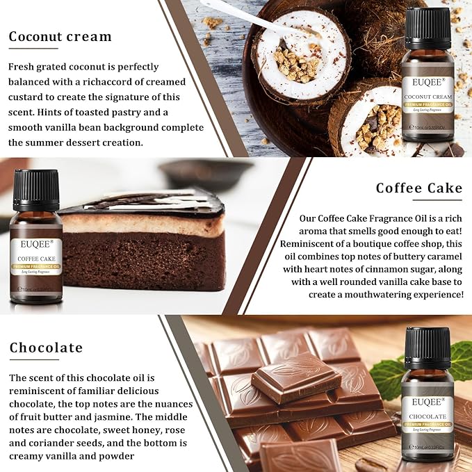 6PCS Coffee Fragrance Oil Set(10ml), Premium Fragrance Essential Oils Set for Candle Making, Diffuser-Coffee, Chocolate, Cake, Coconut Cream, Coconut & Vanilla