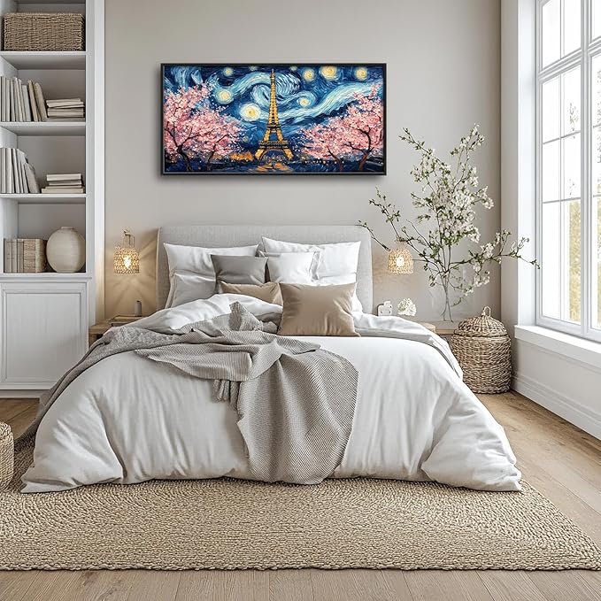 Eiffel Tower Large Wall Art Paris Cherry Blossom Pictures Wall Decor Landmark Landscape Canvas Starry Sky Print Painting Modern Artwork Home Decoration for Living Room Bathroom Bedroom Office Framed 60"x30"