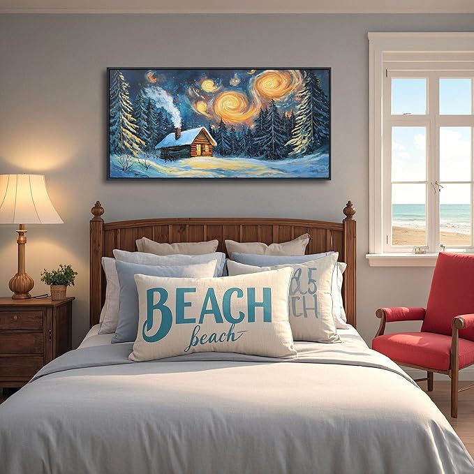QZQCBLC Vintage Forest Wall Art, Large Farm Hut Landscape Pictures White Snow Green Trees Orange Clouds Abstract Painting Framed Artwork for Living room Bedroom kitchen Home Office Decor 24x48 IN