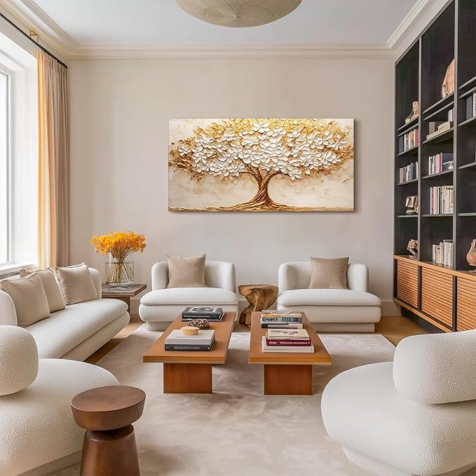 crmotu Tree of Life Wall Art, White Gold Tree Extra Large Canvas Paintings, Nature Landscape Abstract Art Prints, Modern Aesthetic Pictures Wall Decor Living Room Office Ready to Hang 30x60 Inch