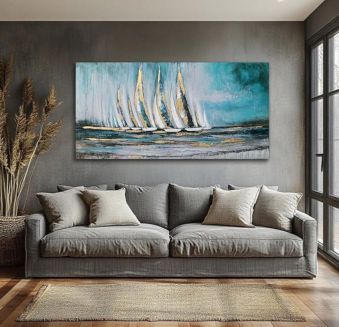 Anolyfi Blue Abstract Canvas Wall Art Teal Ocean Sailboat Picture Modern Coastal Nautical Painting, Textured Artwork Large Framed for Living Room Bedroom Bathroom Kitchen Office Home Decor 58"x29"
