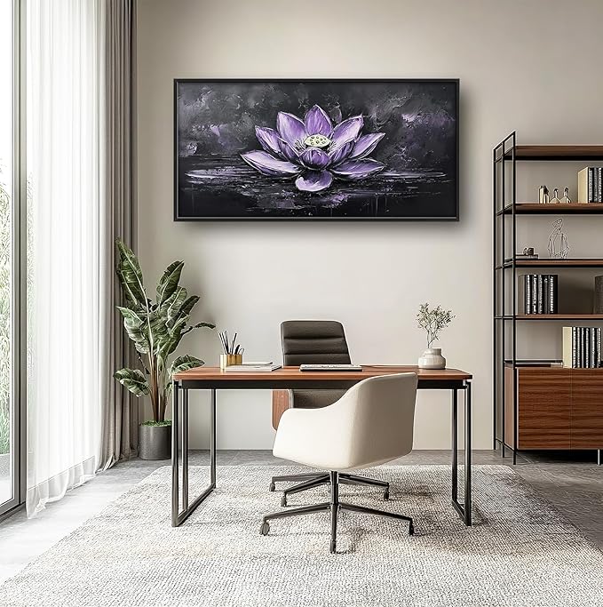 Kylora Lotus Wall Art Purple Lotus Flower Pictures Wall Decor Zen Meditation Large Master Over Above Bed Canvas Prints Horizontal Modern Artwork Painting Home Office Decorations For Bedroom 30"x60"