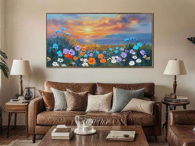 Ardemy Landscape Wall Art for Living Room Coastal Sunset Flower Canvas Bedroom Textured Floral Wildflower Blue Ocean Painting Nature Artwork Home Office Wall Decor, Wood Framed Large 40"x20"