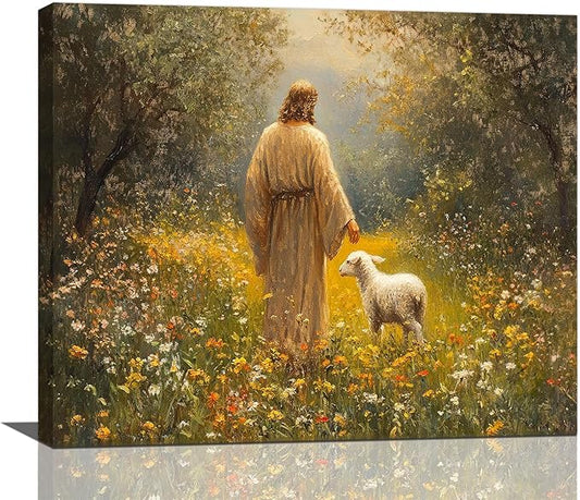 Olivine Christian Wall Art, Jesus Pictures Wall Decor, Lamb Painting, The Lost Sheep Canvas Prints, Framed Artwork for Kitchen Bathroom Bedroom Living Room Office Home Decoration 24"x20"