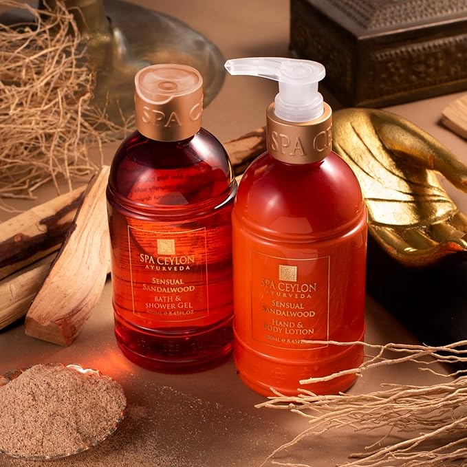 Spa Ceylon Sensual Sandalwood Bath & Body Duo Set | Luxury Sandalwood & Vetiver Body Wash & Lotion Set | Organic & Natural | 250ml x 2