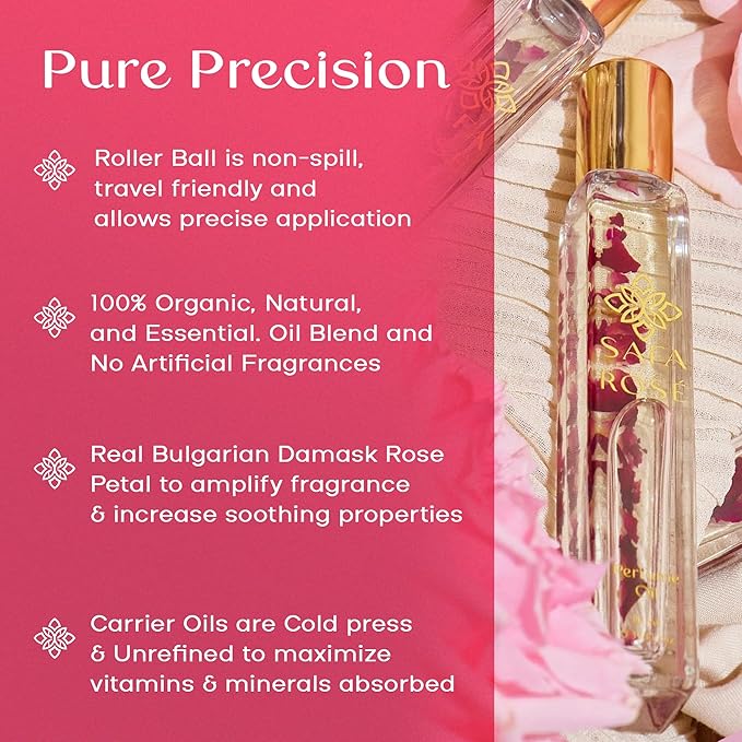 SAFA Rosé Organic Rose Oil Perfume Roller | Bulgarian Damask & Indian Rose Petals | 10 mL Long Lasting Perfume Oil for Women & Men | Non-Toxic, Alcohol-Free & Travel Friendly