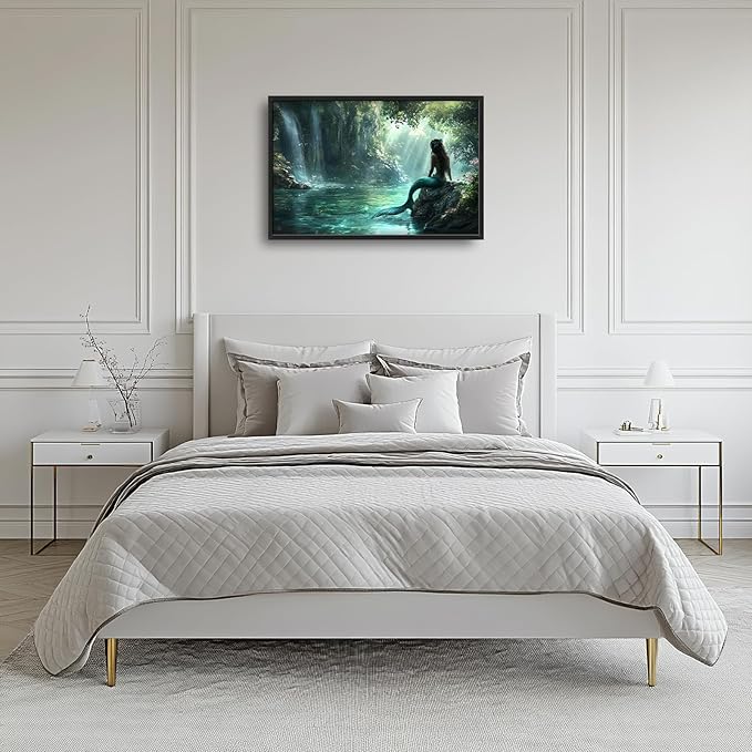 Mermaid Large Wall Art Forest Waterfall Mermaid Pictures Wall Decor Cabin Canvas Prints Painting Oversize Framed Artwork Home Decoration Above Bed for Bedroom Bathroom Living Room 36"x24"