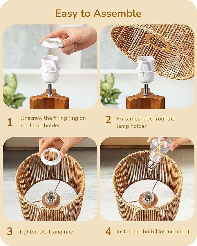 EDISHINE 14.6" Rattan Table Lamp, Rose Wood Tripod Nightstand Lamp, Handwoven Paper Rope Shade, Small Bedside Lamp for Bedroom Living Room, Office, On-Off Line Switch, E26 Base(Bulb Not Included)