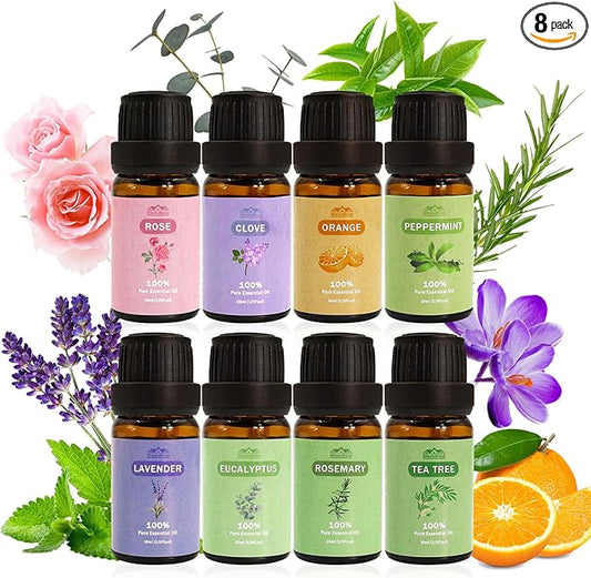 8 Pack 10 ML 2025 Pure Aromatherapy Essential Oil Set Pure Essential Oil Kit for Diffuser for Home,Candle Making Peppermint, Lavender,Eucalyptus,Tea Tree,Rose, Rosemary,Clove Orange