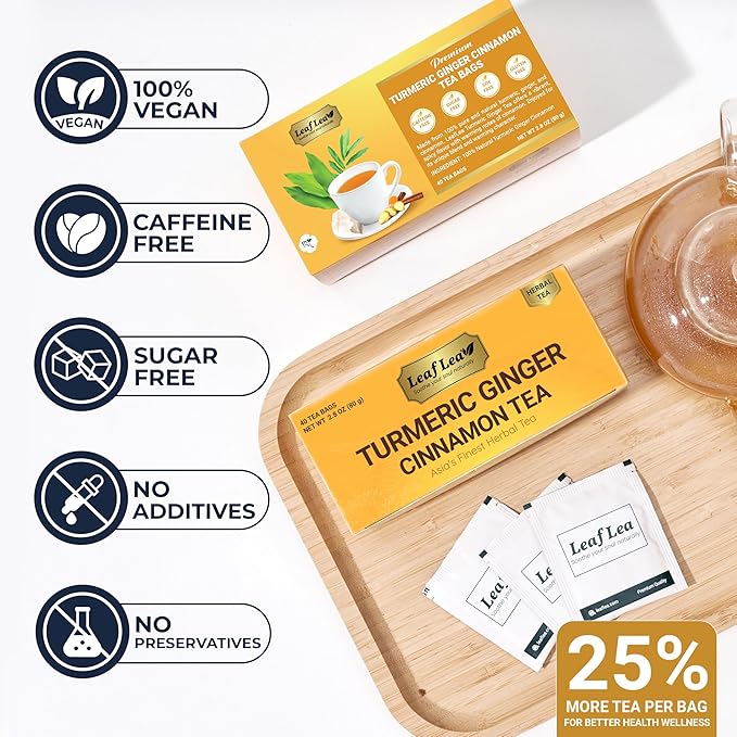 LeafLea 40 Turmeric Ginger Cinnamon Tea Bags, 100% Natural Ingredients Herbal Tea, Turmeric Ginger Herbal Blend for Wellness, Vegan, No Sugar, Caffeine-Free, Individually Wrapped for Freshness