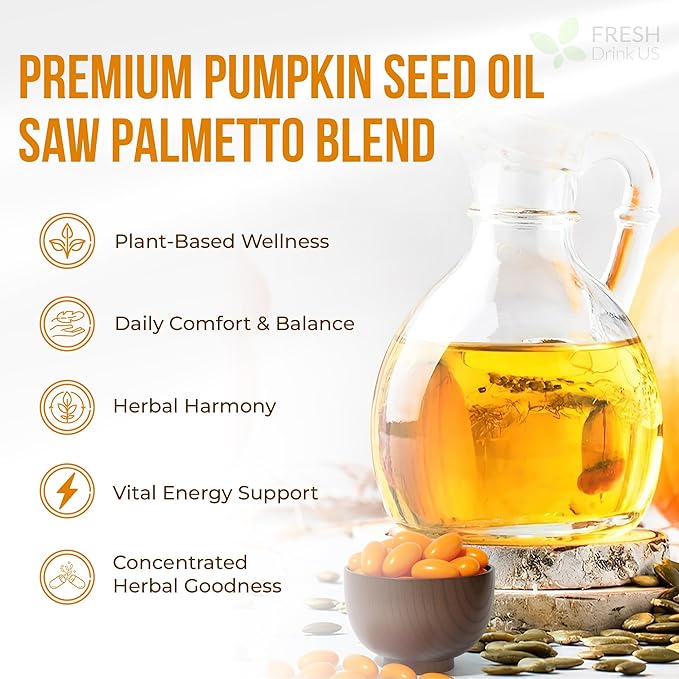 FRESHDRINKUS, 330 Premium Pumpkin Seed Oil Softgels with Saw Palmetto, | Cold-Pressed, Non-GMO, Gluten-Free, Vegan,