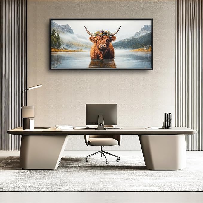 Framed Large Wall Art for Living Room, Highland Cow Canvas Wall Decor, Large Mountain Animal Pictures Framed Painting, Natural Landscape Artwork for Bedroom Office Home Decor 60L'' × 30W''