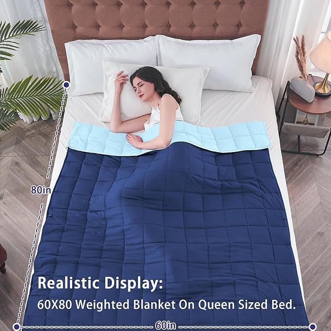 yescool Weighted Blanket for Adults (25 lbs, 60" x 80", Navy & Blue) Cooling Heavy Blanket for Sleeping Perfect for 240-260 lbs, Queen Size Breathable Blanket with Premium Glass Bead, Machine Washable