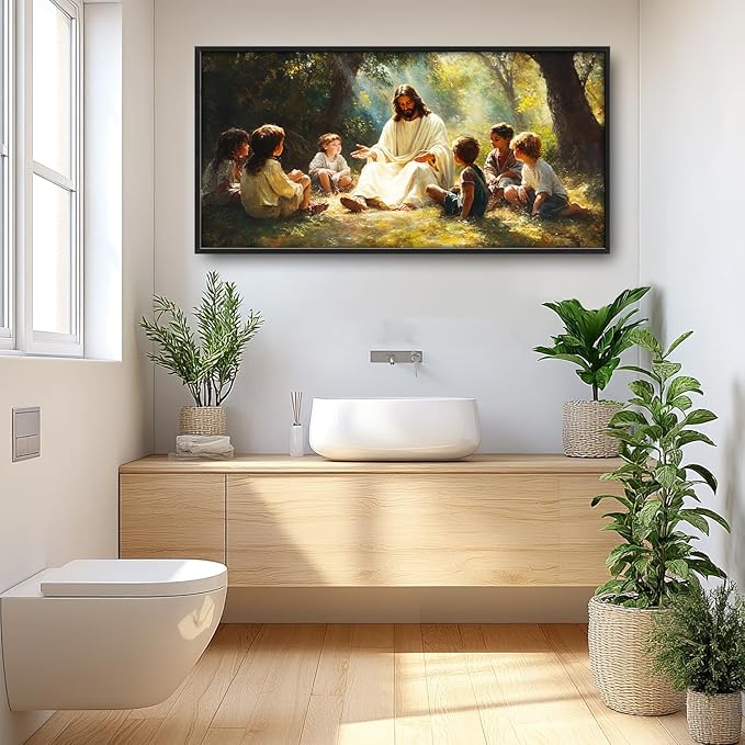 SweetFox Large Christian Jesus Framed Wall Art for Living Room, Jesus with Children Religious Pictures Oversized Wall Decor Abstract Canvas Painting Print Artworks for Bathroom Bedroom 60L X 30W