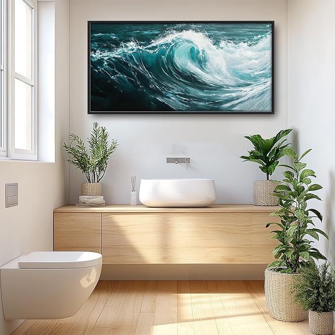SweetFox Extra Large Ocean Wave Framed Wall Art for Living Room, Coastal Sea Beach Pictures Oversized Wall Decor Abstract Big Canvas Painting Print Artworks for Bathroom Master Bedroom 60L X 30W