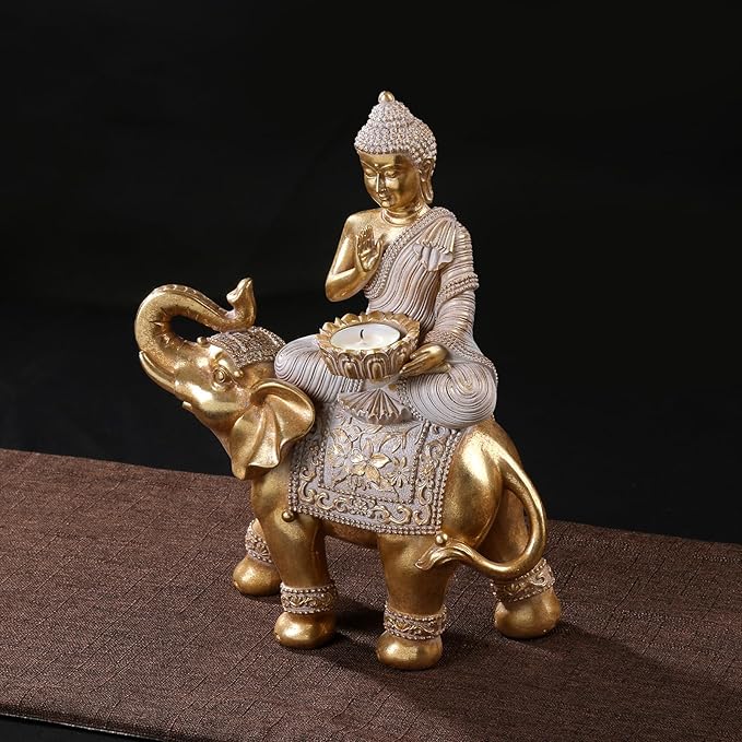 Buddha Statue for Home Decor Gold Candle Holder 11.5”-Elephant Buddha Statues for Zen Decor - Spiritual Buddha Decor for Living Room-Buda–Budda–Buddha Gift for Relaxation, Meditation or Shrine