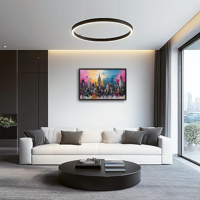 Glocmna Large Wall Art for Living Room Banksy Street Graffiti New York City Wall Decor Modern Skyline Cityscape Pictures Painting Big Canvas Print Framed Artwork Decorations Home Office Bedroom 24"x36"