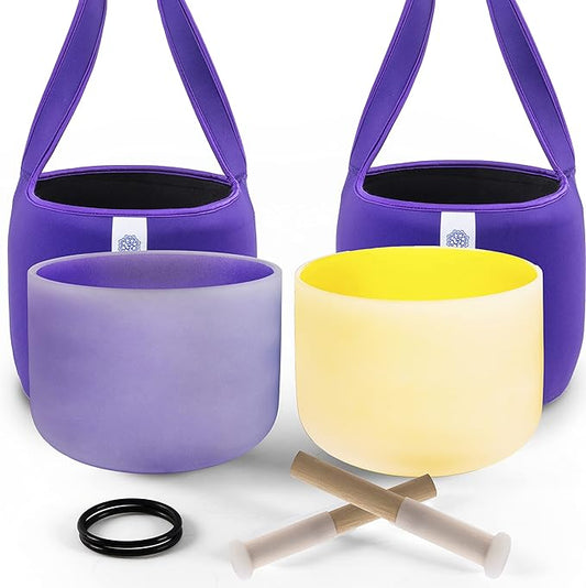 FMTY 10inch Crystal Singing Bowls set prefect pitch(±10HZ) Yellow(Solar Plexus)+ Purple(Crown) with Soft Carrying Bag Sound Bowls Chakra Bowl