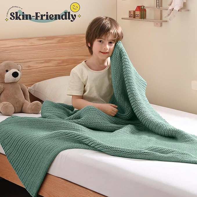 Guohaoi Knitted Weighted Blanket Kids (Haze Green 50"x60" 5lbs) No Beads Cooling Heavy Blanket, Home Decor Breathable Chunky Knit Throw Blanket for All-Season Use