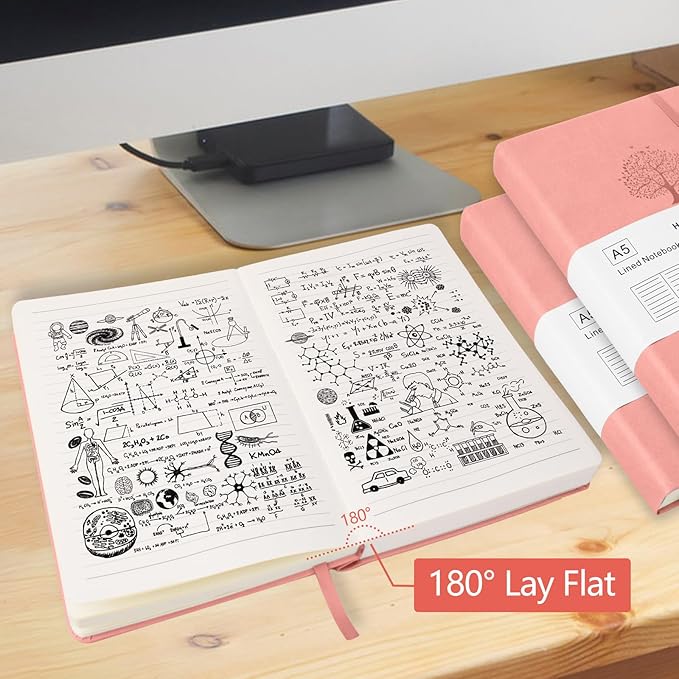 Journals for Writing, A5 Leather Ruled Notebook with 400 Pages, 100 Gms College Ruled Journal with Thick Paper, Hardcover with Inner Pocket & Pen Holder, Pink