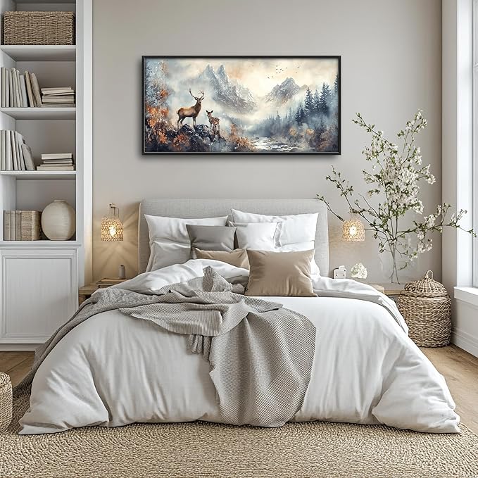 Deer Wall Art Large Landscape Nature Mountain Pictures Wall Decor Above Over Bed Canvas Prints Big Painting Framed Artwork Decoration for Bedroom Living Room Bathroom Office 60"x30"