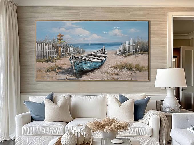 Ardemy Framed Blue Wall Art for Bedroom Canvas Picture Wall Decor Living Room, Textured Painting Beach Seascape Picture Artwork Kitchen Dining Room Home Office, Large 48"x24"