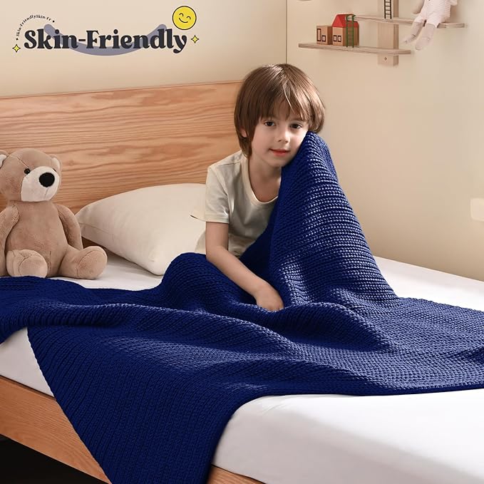 Guohaoi Knitted Weighted Blanket Kids (Blue 50"x60" 7lbs) No Beads Cooling Heavy Blanket, Home Decor Breathable Chunky Knit Throw Blanket for All-Season Use