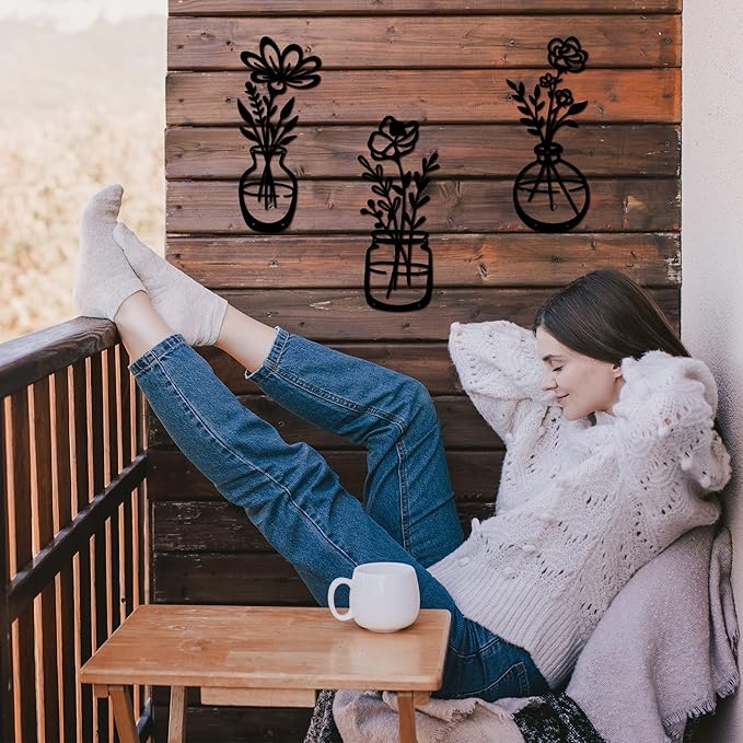 3 Pieces Black Metal Flowers Wall Decor Stocking Stuffers for Women Christmas Birthday Gifts for Women Wall Art Metal Wall Sculptures Hanging for Indoor Kitchen Bathroom Bedroom living room,14.56x5.9 inches