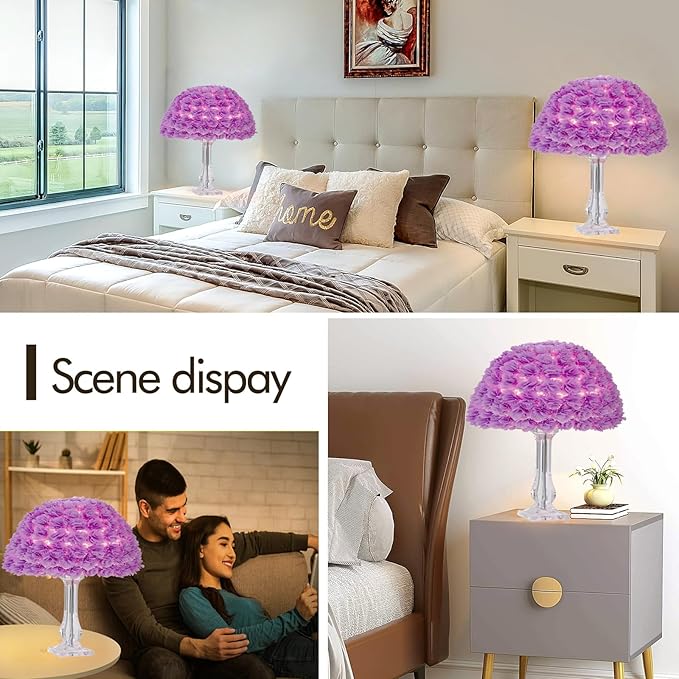 Fabric Flower Desk Lamp Purple Artificial Floral Table Lamp for Girl Chiristmas Gift Nightstand Light Bedside Lamp Decor for Wedding Bedroom Living Room Restaurant Hotel Office
