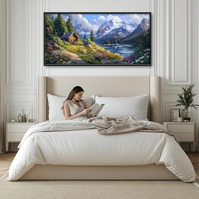 Mountain Wall Art for Living Room, Large Landscape Canvas Wall Decor, Nature Pictures Framed Painting, Landscape Tree Artwork for Bedroom Office Home Decor 60L'' × 30W''