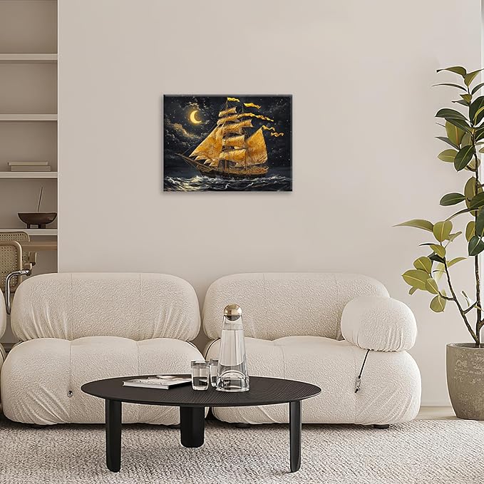 Olivine Nautical Sailboat Wall Art, Coastal Pictures Wall Decor, Ocean Seascape Painting, Night Canvas Prints, Framed Artwork for Bathroom Bedroom Living Room Office Home Decoration 16"x12"