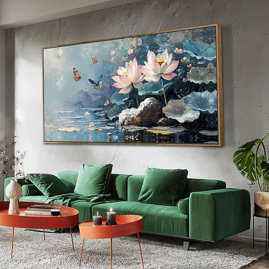 Ardemy Framed Canvas Wall Art Lotus Flower Painting for Living Room Blue Landscape Zen Butterfly Nature Artwork Bedroom Kitchen Bathroom Dining Room Home Office Spa Wall Decor, Large 40"x20"