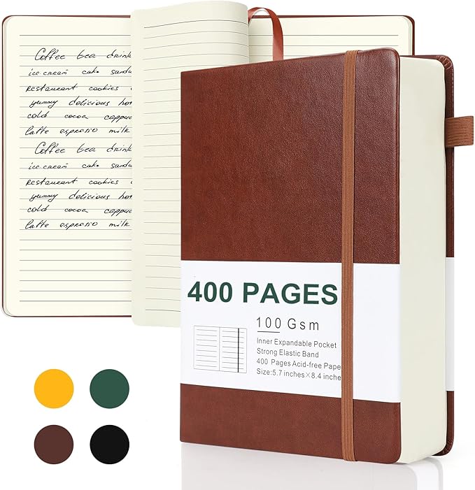 Journals for Writing, A5 Leather Ruled Notebook with 400 Pages, 100 Gms College Ruled Journal with Thick Paper, Hardcover with Inner Pocket & Pen Holder, Brown