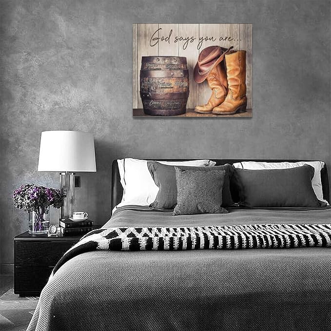 God says you are decor wall art western cowboy canvas Pictures cowboy boots Wall Decor Christian Canvas Prints Painting Framed Artwork for Bathroom living room Bedroom 16"x12"