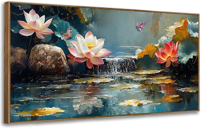 Anolyfi Lotus Canvas Wall Art for Living Room, Zen Yoga Decor Pink Large Picture Bedroom Painting Textured Artwork for Spa Bathroom Hallway Kitchen Room Office Home Decor, Wood Framed 58"x29"