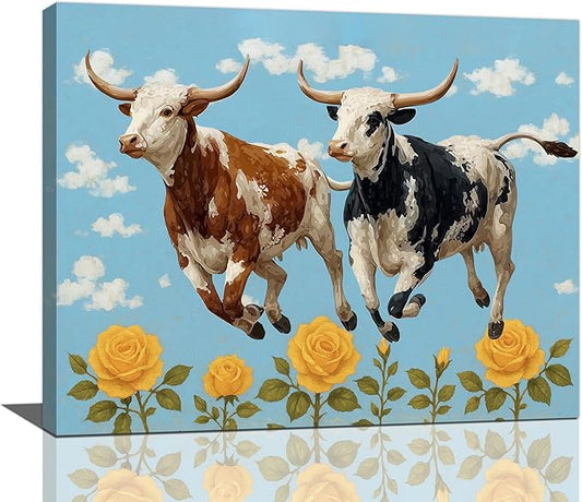 Longhorn Wall Decor Funny Cow Canvas Wall Art Cute Cattle Pictures Painting Artwork Framed Decoration for Bedroom Bathroom Living Room Kitchen Dining Room Office 16"x20"
