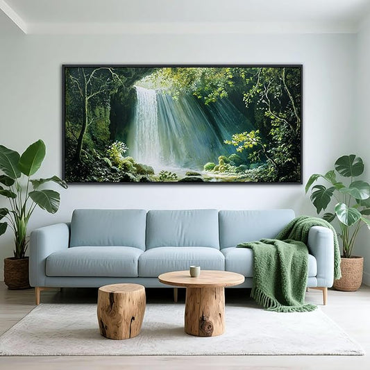 QZQCBLC Large Forest Wall Art, Green Tropical Rainforest Landscape Valley Waterfall Canvas Paintings River Scenery Pictures Artwork for Living room Bedroom kitchen Home Office Decor 29x58 IN