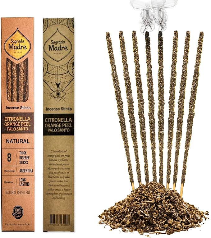 8 pcs Wildly Harvested Thick - Natural Citronella with Orange Incense Sticks, 9” Long - Eco Friendly,Non Toxic Incense Sticks (1hr Burning Time) to Heal & Purify Your Body & Surroundings