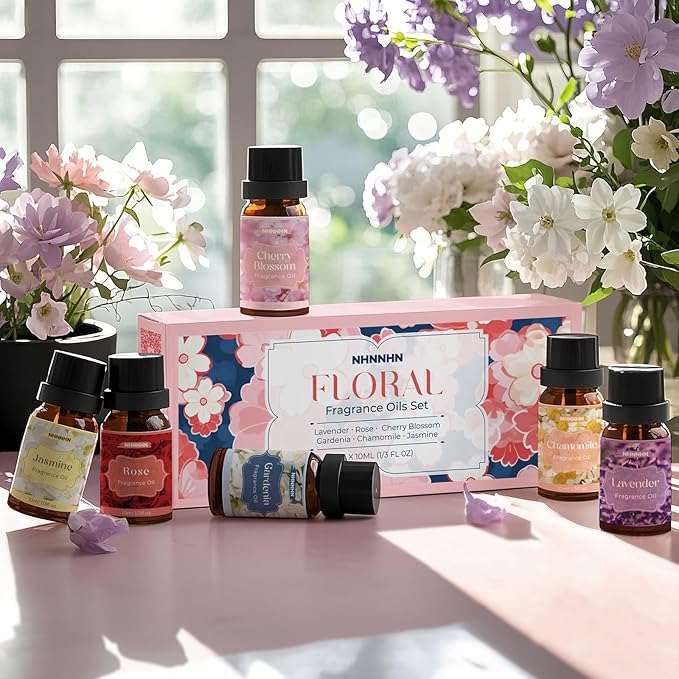 Floral Essential Oil Blends - Pure Essential Oils Set for Diffuser for Home - Lavender, Rose, Jasmine, Cherry Blossom, Gardenia, Chamomile for Aromatherapy, Humidifiers, Candle & Soap Making, 6x10ml