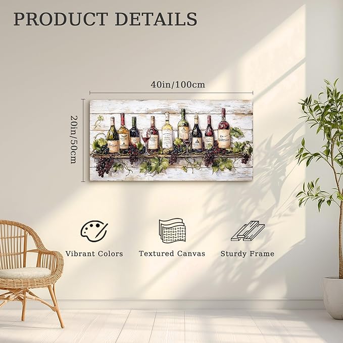 crmotu Wine Bottle Still Life Wall Art, Vintage Kitchen Large Canvas Paintings, Rustic Dining Room Artwork for Walls, Modern Pictures Wall Decor for Home Bar Wine Tasting Room Art Prints 20x40inch