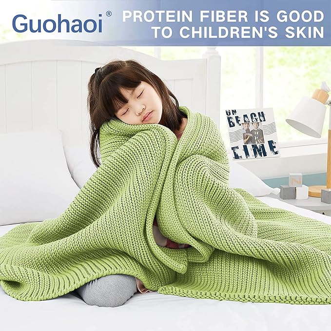 Guohaoi Knitted Weighted Blanket Kids (Light Green 50"x60" 5lbs) No Beads Cooling Heavy Blanket, Home Decor Breathable Chunky Knit Throw Blanket for All-Season Use