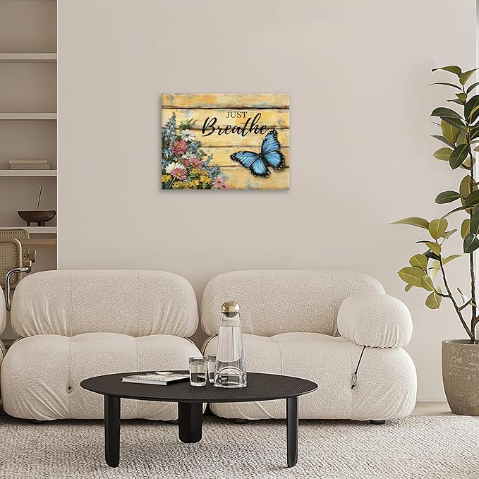Olivine Butterfly Wall Art, Butterflies Flower Pictures Wall Decor, Just Breathe Painting, Vintage Farmhouse Canvas Prints, Framed Artwork for Living Room Bedroom Bathroom Kitchen Office Home 16"x12"