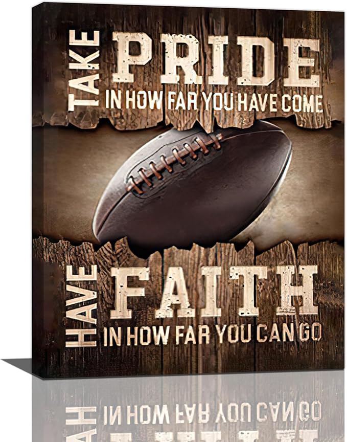 Fleruku Rustic Football Wall Art Sports Wall Decor Inspirational Quotes Brown Pictures Football Sign Canvas Painting Artwork Home Decorations for Boy Man Teenager Fans Bedroom Living Room 16"x20"