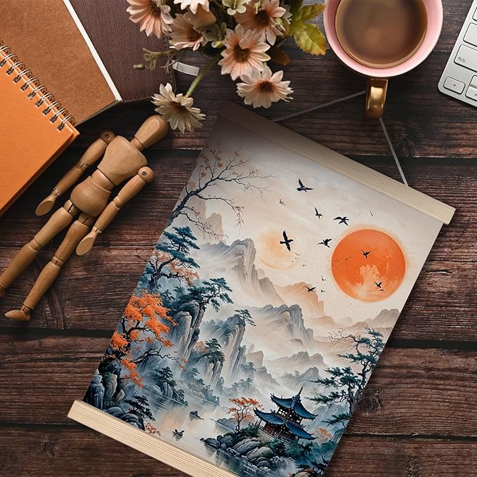FITIE Traditional Japanese Oriental Sun Mountain Canvas Wall Art Poster Hanger Frames, Japandi Home Decor, Retro Asian Nature Landscape Wall Decor Prints for Home Living Room Zen Yoga Meditation Room, 12x16 Inch
