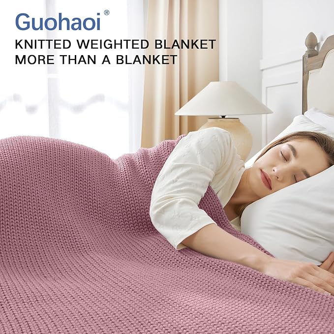 Guohaoi Knitted Weighted Blanket for Adults (Muted Pink 50"x75" 15lbs) No Beads Cooling Throw Blanket for Hot Sleepers, Home Decor Breathable Chunky Knit Heavy Blanket Use on Full Size Bed