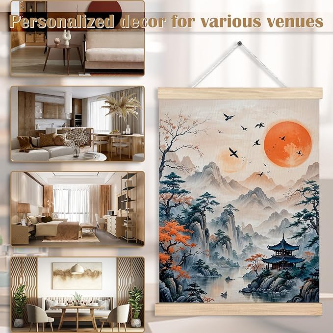 FITIE Traditional Japanese Oriental Sun Mountain Canvas Wall Art Poster Hanger Frames, Japandi Home Decor, Retro Asian Nature Landscape Wall Decor Prints for Home Living Room Zen Yoga Meditation Room, 12x16 Inch