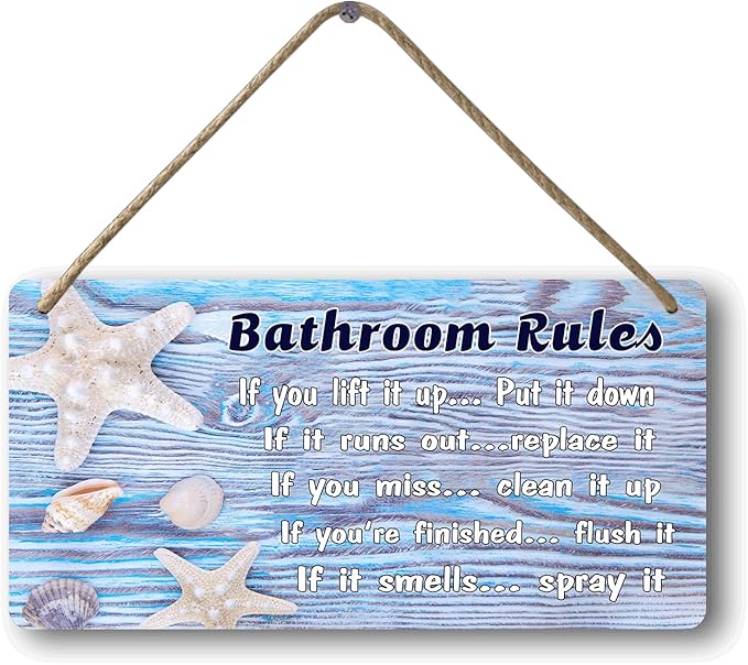 Beach Bathroom Wall Decor Ocean Themed Bathroom Accessories Summer Decorations For Home Sea Themed For Tailet Beachy Decor Coastal Accessories Bathroom Rules Sign 12x6 In